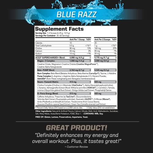 PMD Sports ACG3 Supercharged - Pre Workout - Powerful Strength, High Energy, Maximize Mental Focus, Endurance and Optimum Workout Performance for Men and Women - Blue Razz (60 Servings)