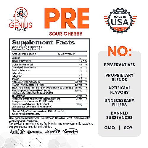 Genius Pre Workout Powder, Sour Cherry - All-Natural Nootropic Preworkout & Caffeine-Free Nitric Oxide Booster Supplement with Beta-Alanine & Alpha GPC - No Artificial Flavors, Sweeteners, or Dyes