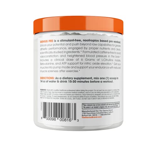 Genius Pre Workout Powder, Sour Apple - All-Natural Nootropic Pre-Workout & Caffeine-Free Nitric Oxide Booster Supplement with Beta Alanine & Alpha GPC - No Artificial Flavors, Sweeteners, or Dyes