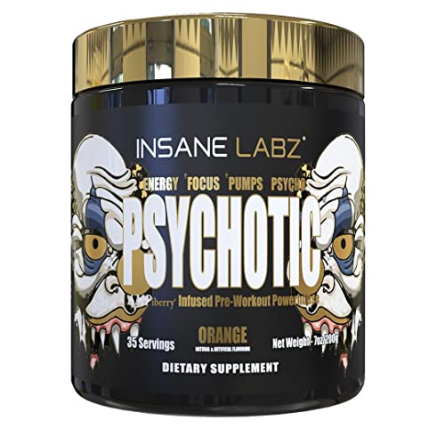 Insane Labz Psychotic Gold, High Stimulant Pre Workout Powder, Extreme Lasting Energy, Focus, Pumps and Endurance with Beta Alanine, DMAE Bitartrate, Citrulline, NO Booster, 35 Srvgs