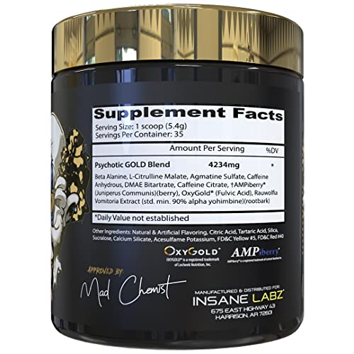 Insane Labz Psychotic Gold, High Stimulant Pre Workout Powder, Extreme Lasting Energy, Focus, Pumps and Endurance with Beta Alanine, DMAE Bitartrate, Citrulline, NO Booster, 35 Srvgs
