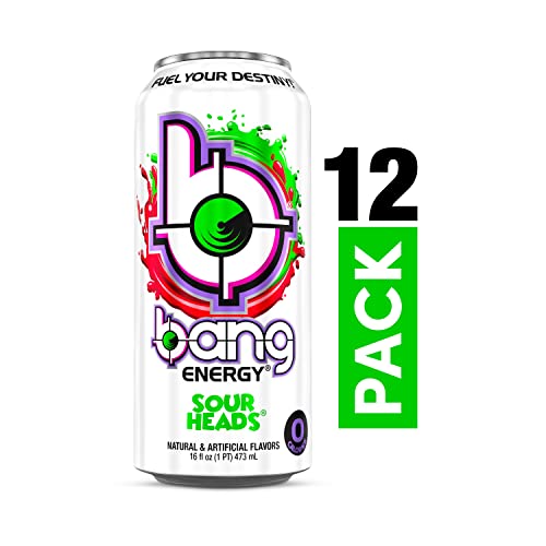 Bang Sour Heads Energy Drink, 0 Calories, Sugar Free with Super Creatine, 16 Fl Oz (Pack of 12)