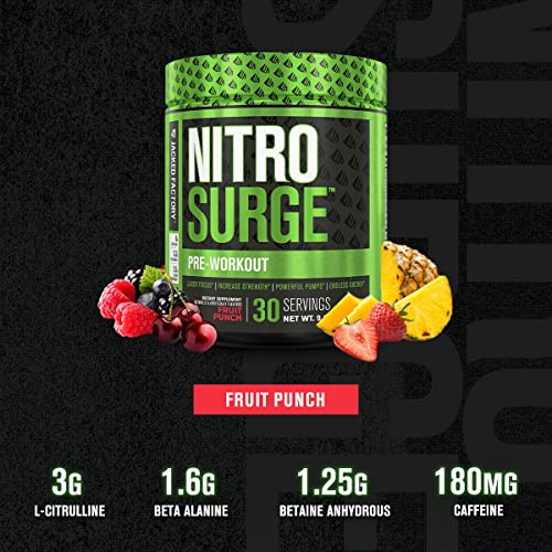 NITROSURGE Pre Workout Supplement - Endless Energy, Instant Strength Gains, Clear Focus, Intense Pumps - Nitric Oxide Booster & Powerful Preworkout Energy Powder - 30 Servings, Fruit Punch