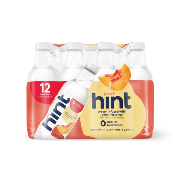 Hint Water Peach, Pure Water Infused with Peach, Zero Sugar, Zero Calories, Zero Sweeteners, Zero Preservatives, Zero Artificial Flavors,16 Fl Oz (Pack of 12)