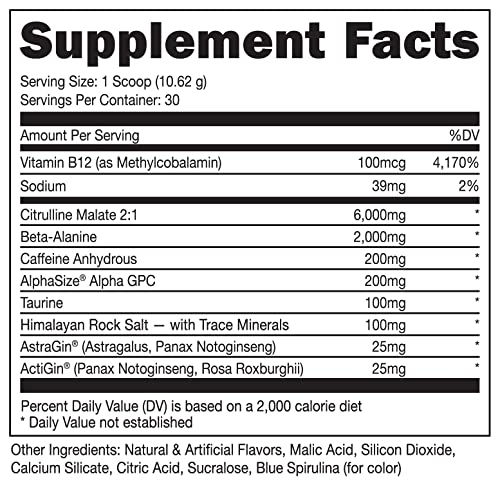 Bucked Up Pre Workout 6 Grams Citrulline, 2 Grams Beta Alanine, and 3 Other Registered trademarked Ingredients (Blue Raz)