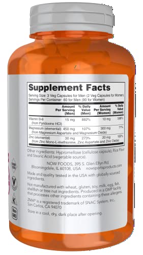 NOW Sports Nutrition, ZMA (Zinc, Magnesium and Vitamin B-6), Enhanced Absorption, Sports Recovery*, 180 Capsules