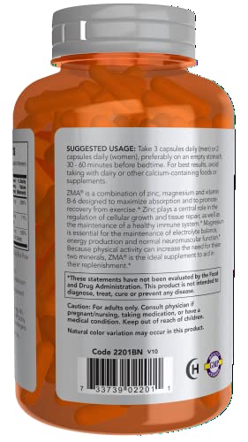NOW Sports Nutrition, ZMA (Zinc, Magnesium and Vitamin B-6), Enhanced Absorption, Sports Recovery*, 180 Capsules