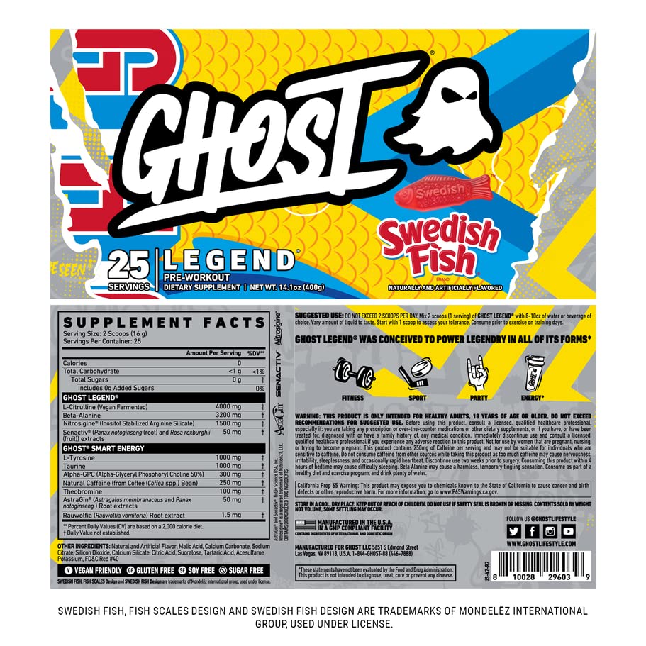GHOST Legend Pre-Workout Energy Powder, Swedish Fish - 25 Servings - Caffeine, L-Citrulline, & Beta Alanine Blend for Energy Focus & Pumps - Free of Soy, Sugar & Gluten, Vegan