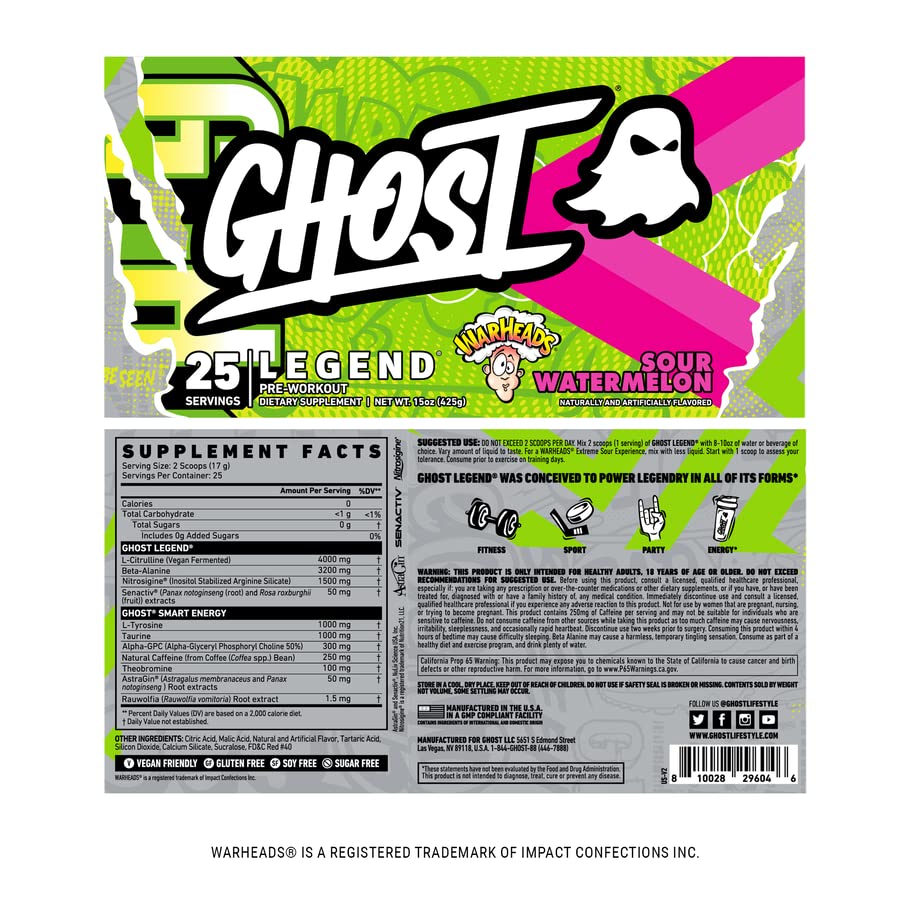 GHOST Legend V2 Pre-Workout Energy Powder, Warheads Sour Watermelon- 25 Servings - Caffeine, L-Citrulline, & Beta Alanine Blend for Energy Focus & Pumps - Free of Soy, Sugar & Gluten, Vegan