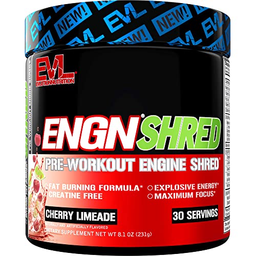 EVL Ultimate Pre Workout Powder - Thermogenic Fat Burn Support Preworkout Powder Drink for Lasting Energy Focus and Stamina - ENGN Shred Intense Creatine Free Preworkout Drink Mix - Cherry Limeade