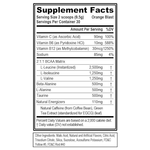 EVL BCAAs Amino Acids Powder - Rehydrating BCAA Powder Post Workout Recovery Drink with Natural Caffeine - BCAA Energy Pre Workout Powder for Muscle Recovery Lean Growth and Endurance - Orange Blast
