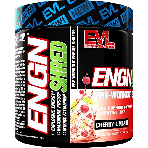 EVL Ultimate Pre Workout Powder - Thermogenic Fat Burn Support Preworkout Powder Drink for Lasting Energy Focus and Stamina - ENGN Shred Intense Creatine Free Preworkout Drink Mix - Cherry Limeade
