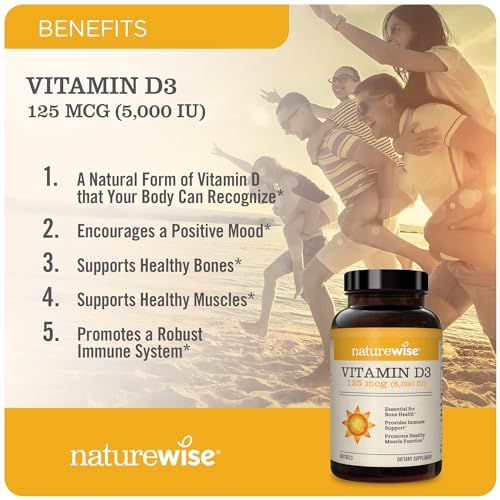 NatureWise Vitamin D3 5000iu (125 mcg) Healthy Muscle Function, and Immune Support, Non-GMO, Gluten Free in Cold-Pressed Olive Oil, Packaging Vary (Mini Softgel), 30 Count