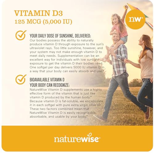 NatureWise Vitamin D3 5000iu (125 mcg) Healthy Muscle Function, and Immune Support, Non-GMO, Gluten Free in Cold-Pressed Olive Oil, Packaging Vary (Mini Softgel), 30 Count