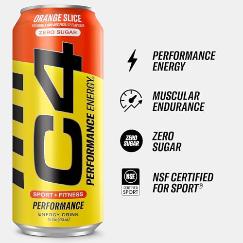 C4 Energy Carbonated Zero Sugar Energy Drink, Pre Workout Drink + Beta Alanine, Orange Slice, 16 Fl Oz (Pack of 12)