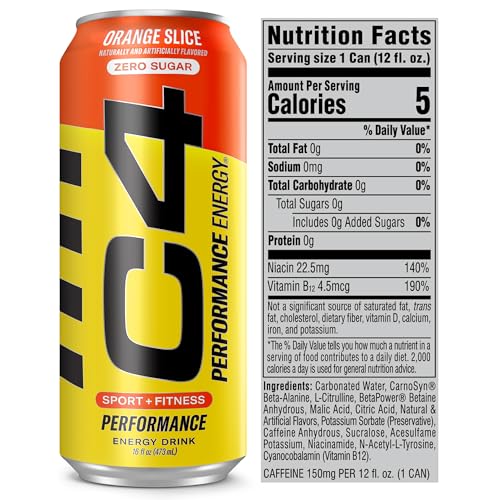 C4 Energy Carbonated Zero Sugar Energy Drink, Pre Workout Drink + Beta Alanine, Orange Slice, 16 Fl Oz (Pack of 12)