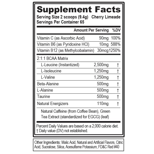 EVL BCAAs Amino Acids Powder - BCAA Energy Pre Workout Powder for Muscle Recovery Lean Growth and Endurance - Rehydrating BCAA Powder Post Workout Recovery Drink with Natural Caffeine - Cherry Limeade