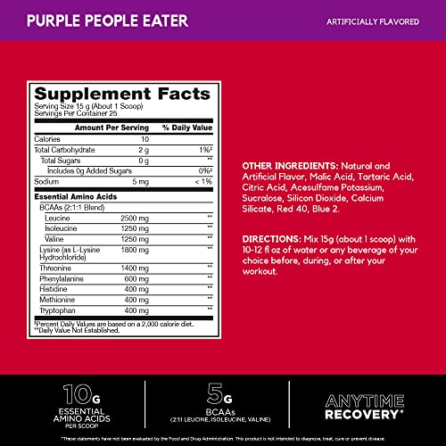 BSN Amino X EAAs, Muscle Recovery & Endurance, 10g Essential Amino Acids, 5g BCAAs, Zero Sugar, Caffeine Free, Purple People Eater, 13.2oz, 25 Servings