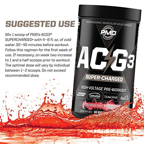 PMD Sports ACG3 Supercharged - Pre Workout - Powerful Strength, High Energy, Maximize Mental Focus, Endurance, Optimum Workout Performance, Concentrated Drink Mix - Strawberry Margarita (60 Servings)
