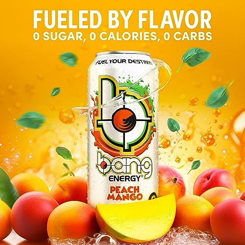 Bang Peach Mango Energy Drink, 0 Calories, Sugar Free with Super Creatine, 16oz, 12 count (Pack of 1) (Package may vary)