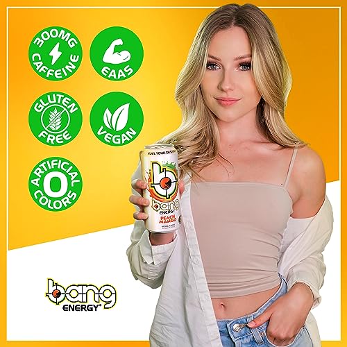 Bang Peach Mango Energy Drink, 0 Calories, Sugar Free with Super Creatine, 16oz, 12 count (Pack of 1) (Package may vary)