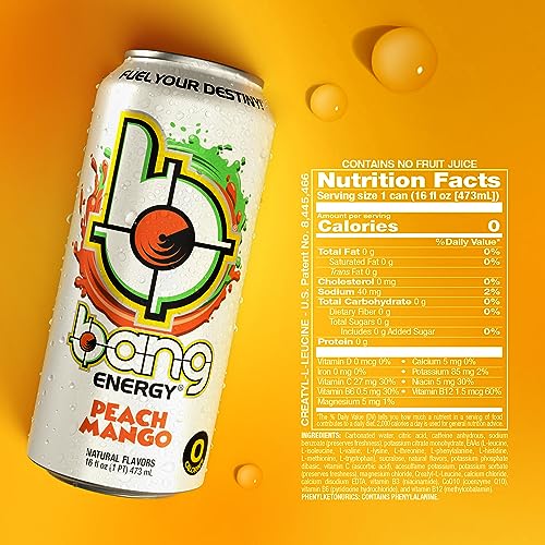 Bang Peach Mango Energy Drink, 0 Calories, Sugar Free with Super Creatine, 16oz, 12 count (Pack of 1) (Package may vary)