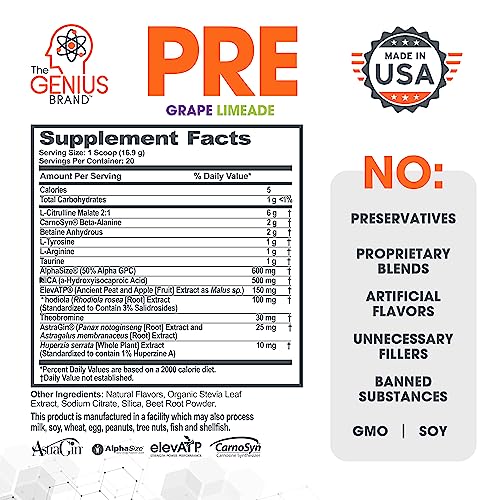 Genius Pre Workout Powder, Grape Limeade - All-Natural Nootropic Pre-workout & Caffeine-Free Nitric Oxide Booster Supplement with Beta Alanine & Alpha GPC - No Artificial Flavors, Sweeteners, or Dyes