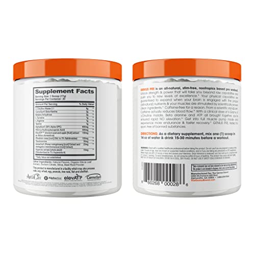 Genius Pre Workout Powder, Grape Limeade - All-Natural Nootropic Pre-workout & Caffeine-Free Nitric Oxide Booster Supplement with Beta Alanine & Alpha GPC - No Artificial Flavors, Sweeteners, or Dyes
