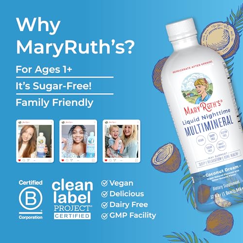 MaryRuth Organics Nighttime Liquid Multimineral Supplement | Sugar Free | Natural Sleep Support for Adults & Kids | Magnesium, Calcium & MSM | Coconut Flavor | Vegan | Gluten Free | 32 Servings