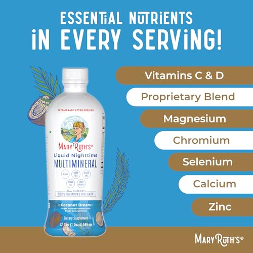 MaryRuth Organics Nighttime Liquid Multimineral Supplement | Sugar Free | Natural Sleep Support for Adults & Kids | Magnesium, Calcium & MSM | Coconut Flavor | Vegan | Gluten Free | 32 Servings