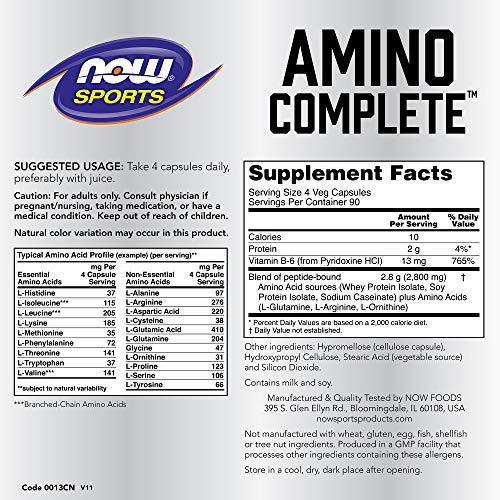 NOW Sports Nutrition, Amino Complete, Protein Blend With 21 Aminos and B-6, 360-Capsules