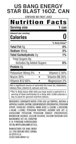 Bang Star Blast Energy Drink, 0 Calories, Sugar Free with Super Creatine, 16 Fl Oz (Pack of 12)
