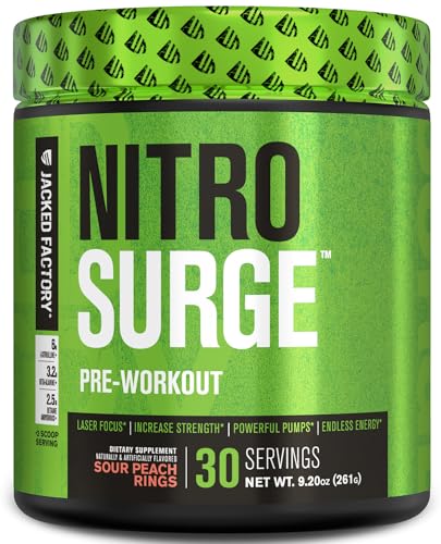 NITROSURGE Pre Workout Supplement - Endless Energy, Instant Strength Gains, Clear Focus, Intense Pumps - Nitric Oxide Booster & Powerful Preworkout Energy Powder - 30 Servings, Sour Peach Rings