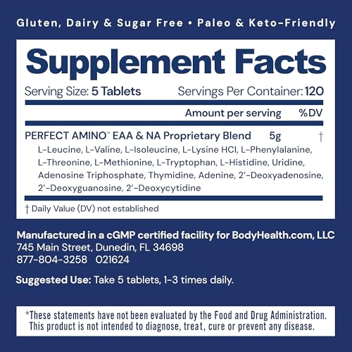 BodyHealth PerfectAmino, All 8 Essential Amino Acids with BCAAs + Lysine, Phenylalanine, Threonine, Methionine, Tryptophan, Supplement for Muscle Mass Production, Recovery & Strength (600 ct)
