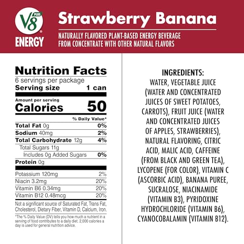 V8 +Energy, Healthy Energy Drink, Natural Energy from Tea, Strawberry Banana, 8 Fl Oz Can (6 Count (Pack of 4), Total of 24)