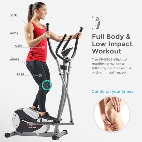 Sunny Health & Fitness SF-E905 Elliptical Machine Cross Trainer with 8 Level Resistance and Digital Monitor , Gray, White, 28 L x 17 W x 57 H