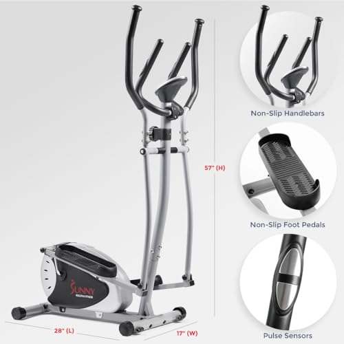 Sunny Health & Fitness SF-E905 Elliptical Machine Cross Trainer with 8 Level Resistance and Digital Monitor , Gray, White, 28 L x 17 W x 57 H