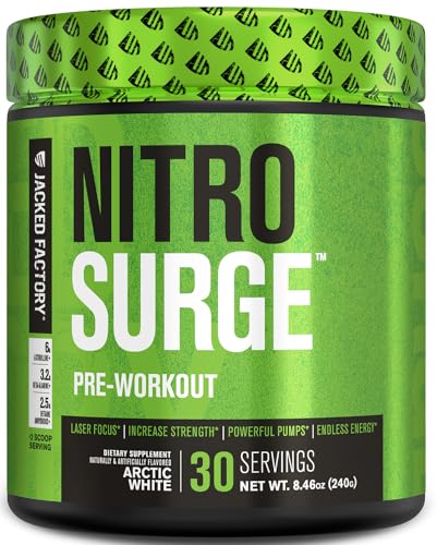NITROSURGE Pre Workout Supplement - Endless Energy, Instant Strength Gains, Clear Focus, Intense Pumps - Nitric Oxide Booster & Powerful Preworkout Energy Powder - 30 Servings, Arctic White