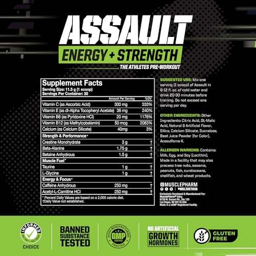MusclePharm Assault Sport Pre-Workout Powder with High-Dose Energy, Focus, Strength, and Endurance, Fruit Punch, 30 Servings