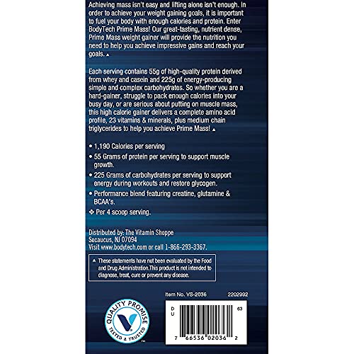 BODYTECH Prime Mass - High Protein Weight Gainer - with 55 Grams of Protein per Serving to Support Muscle Growth - Performance Blend of Creatine, Glutamine & BCAA's - Fruity Cereal (6 Pound)