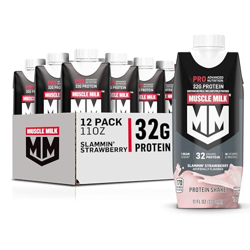Muscle Milk Pro Advanced Nutrition Protein Shake, Slammin' Strawberry, 11 Fl Oz Carton, 12 Pack, 32g Protein, 1g Sugar, 16 Vitamins & Minerals, 5g Fiber, Workout Recovery, Packaging May Vary