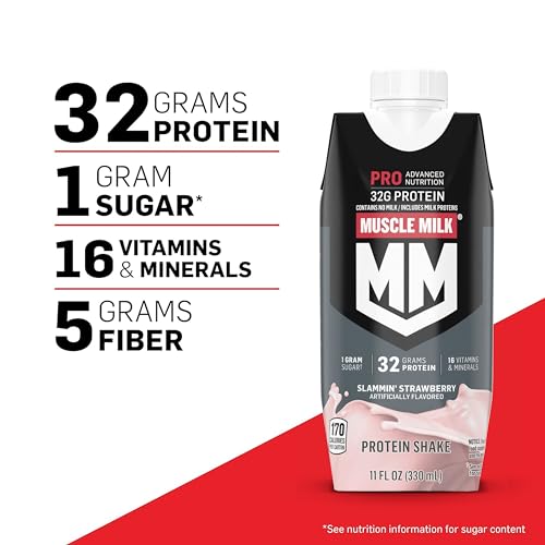 Muscle Milk Pro Advanced Nutrition Protein Shake, Slammin' Strawberry, 11 Fl Oz Carton, 12 Pack, 32g Protein, 1g Sugar, 16 Vitamins & Minerals, 5g Fiber, Workout Recovery, Packaging May Vary