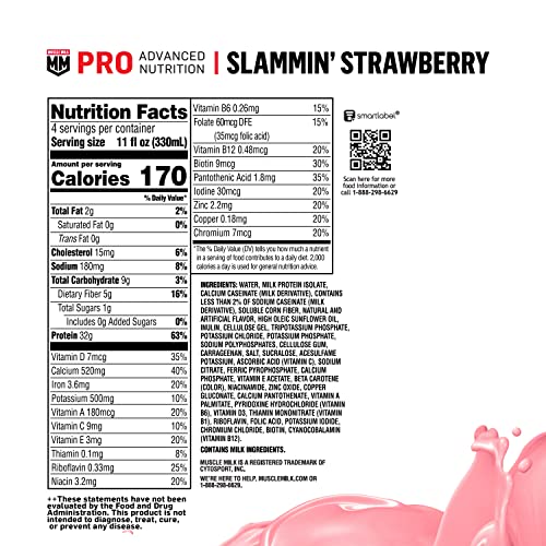 Muscle Milk Pro Advanced Nutrition Protein Shake, Slammin' Strawberry, 11 Fl Oz Carton, 12 Pack, 32g Protein, 1g Sugar, 16 Vitamins & Minerals, 5g Fiber, Workout Recovery, Packaging May Vary