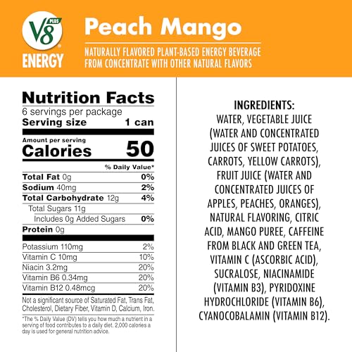 V8 +ENERGY Peach Mango Energy Drink Made with Real Vegetable and Fruit Juices,8 Fl Oz (Pack of 24)