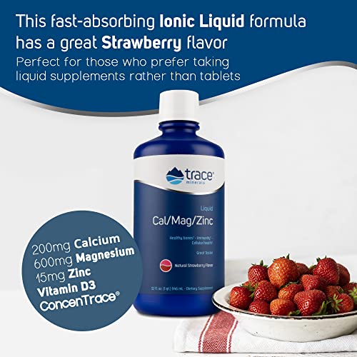 Trace Minerals | Liquid Cal/Mag/Zinc | Calcium, Magnesium, Zinc, Vitamin D3 | Dietary Supplement Supports Tissue, Muscle, and Bone Density | Natural Strawberry Flavor | 64 Servings, 32 fl oz.