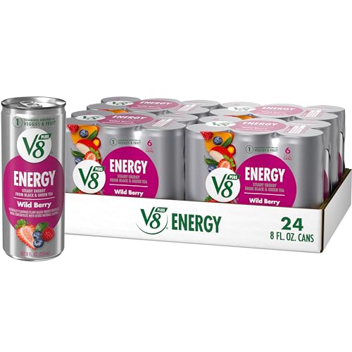 V8 +ENERGY Wild Berry Flavored Energy Drink, Made with Real Vegetable and Fruit Juices, 8 FL OZ Can (4 Packs of 6 Cans)
