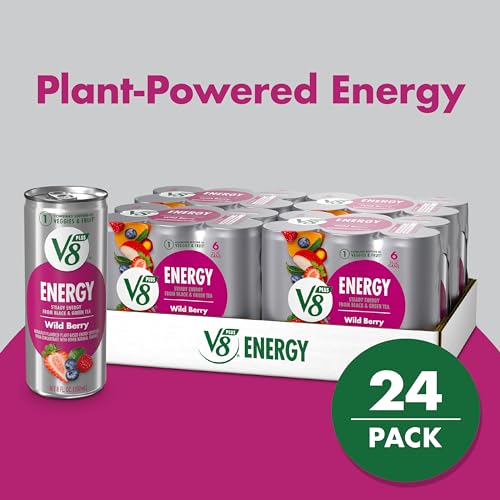 V8 +ENERGY Wild Berry Flavored Energy Drink, Made with Real Vegetable and Fruit Juices, 8 FL OZ Can (4 Packs of 6 Cans)