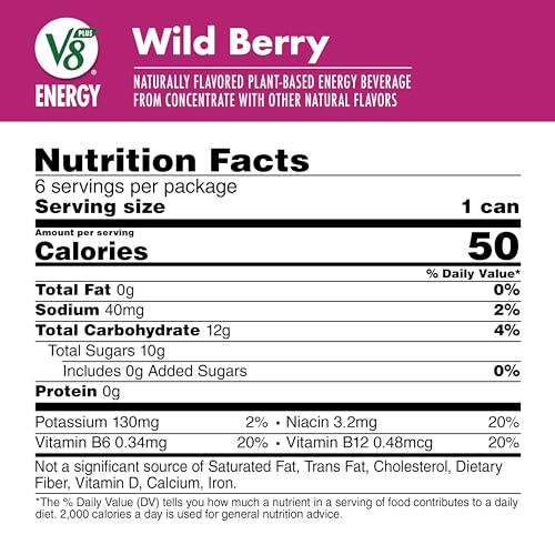 V8 +ENERGY Wild Berry Flavored Energy Drink, Made with Real Vegetable and Fruit Juices, 8 FL OZ Can (4 Packs of 6 Cans)