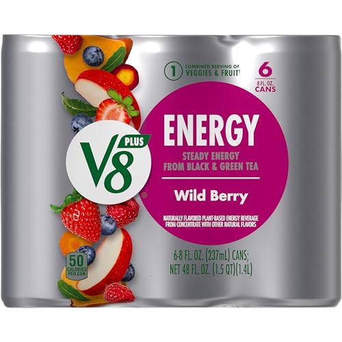 V8 +ENERGY Wild Berry Flavored Energy Drink, Made with Real Vegetable and Fruit Juices, 8 FL OZ Can (4 Packs of 6 Cans)