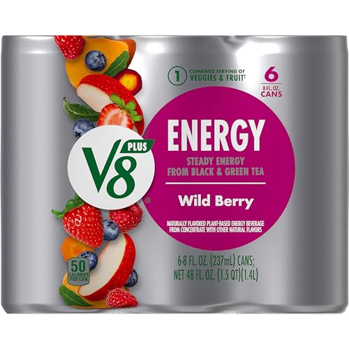 V8 +ENERGY Wild Berry Flavored Energy Drink, Made with Real Vegetable and Fruit Juices, 8 FL OZ Can (4 Packs of 6 Cans)